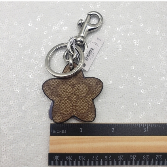 Coach Wildflower Silvertone & Khaki  Signature Logo Bag Charm Keyring - Picture 6 of 10